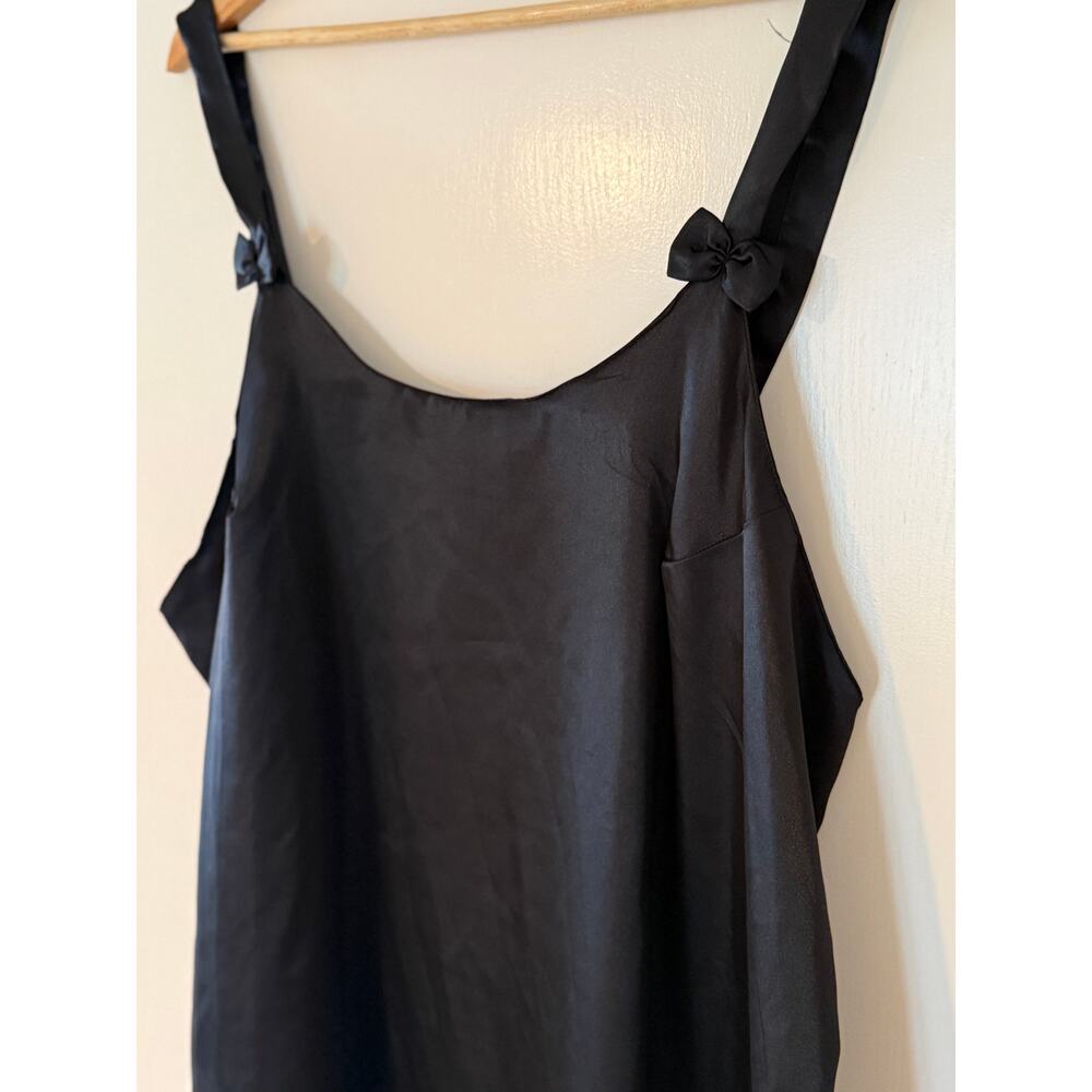Vintage Black Satin Slip Dress Y2K Bow Strap Midi Loungewear Nightgown ✨